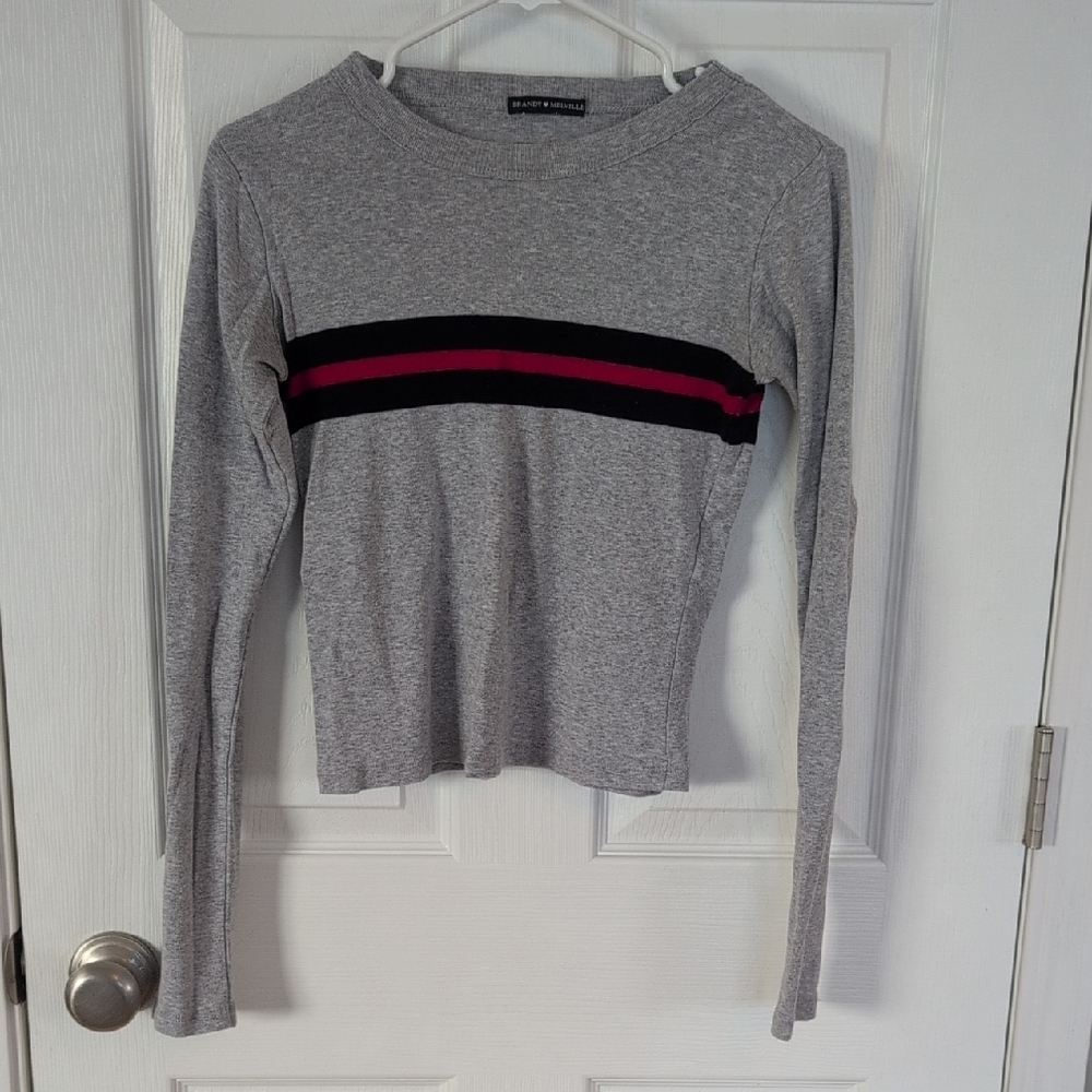 Brandy Melville Gray Long Sleeve with Navy and Red Stripes